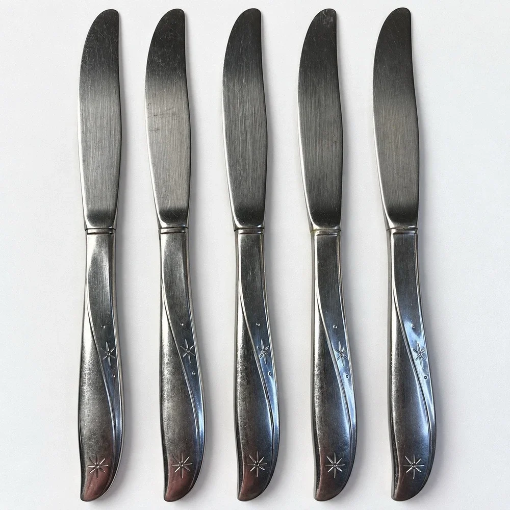 Oneida Community Twin Star 5 Dinner Knives Atomic Starburst MCM Vintage